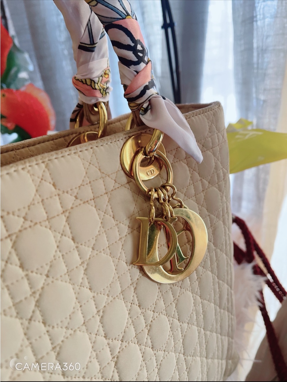 Dior Beige Quilted Tote with Gold Charms and Patterned Handle Wrap - Picture 5 of 10